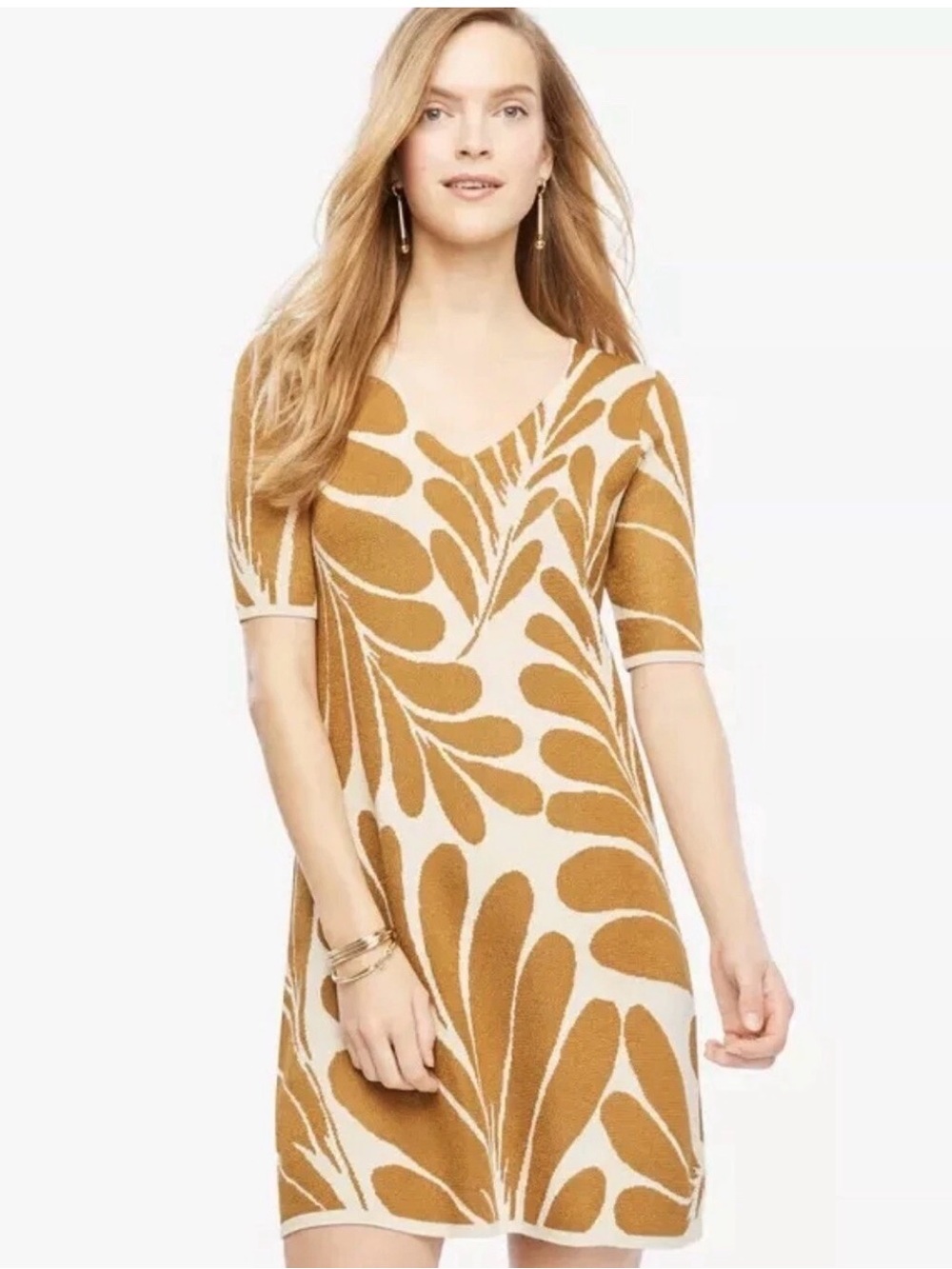 Ann Taylor Shimmer Leaf Petal V-neck Sweater Dress Sz S Creme Fraiche
